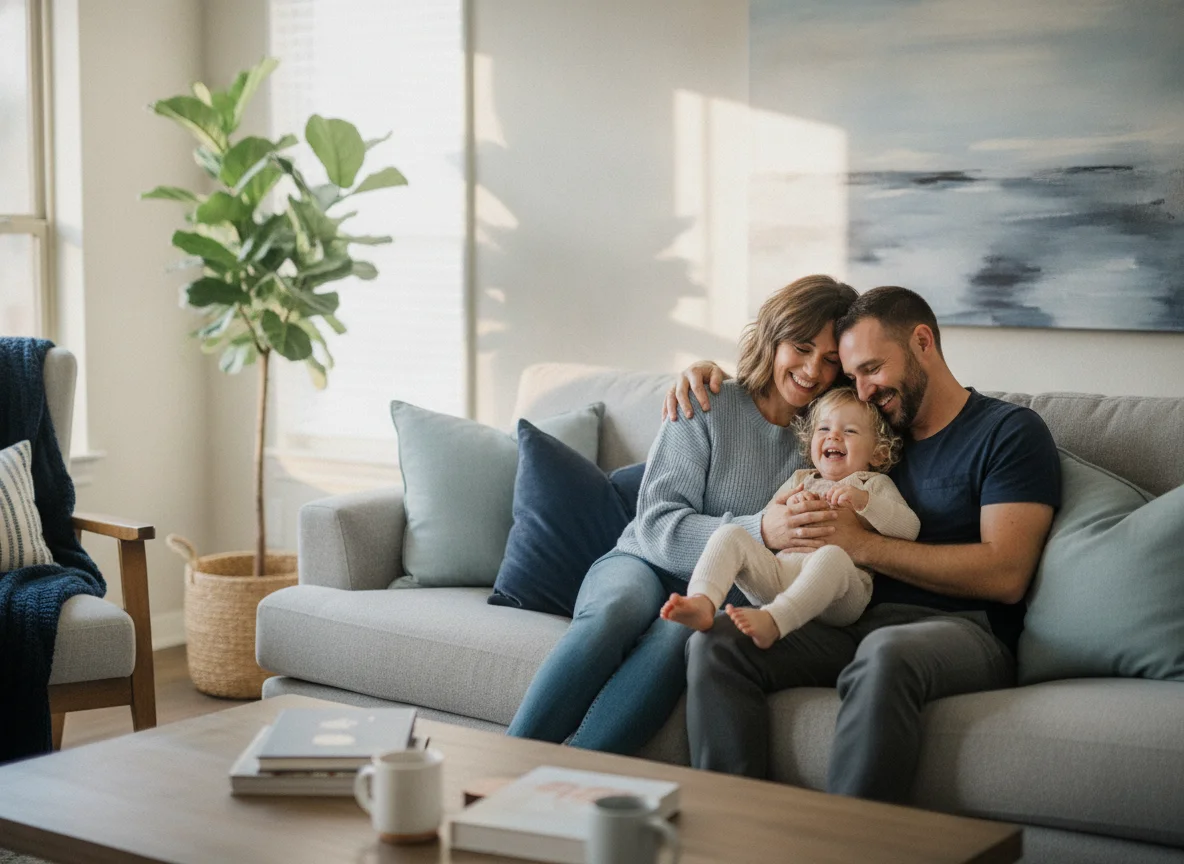 A smiling family relaxing together at home